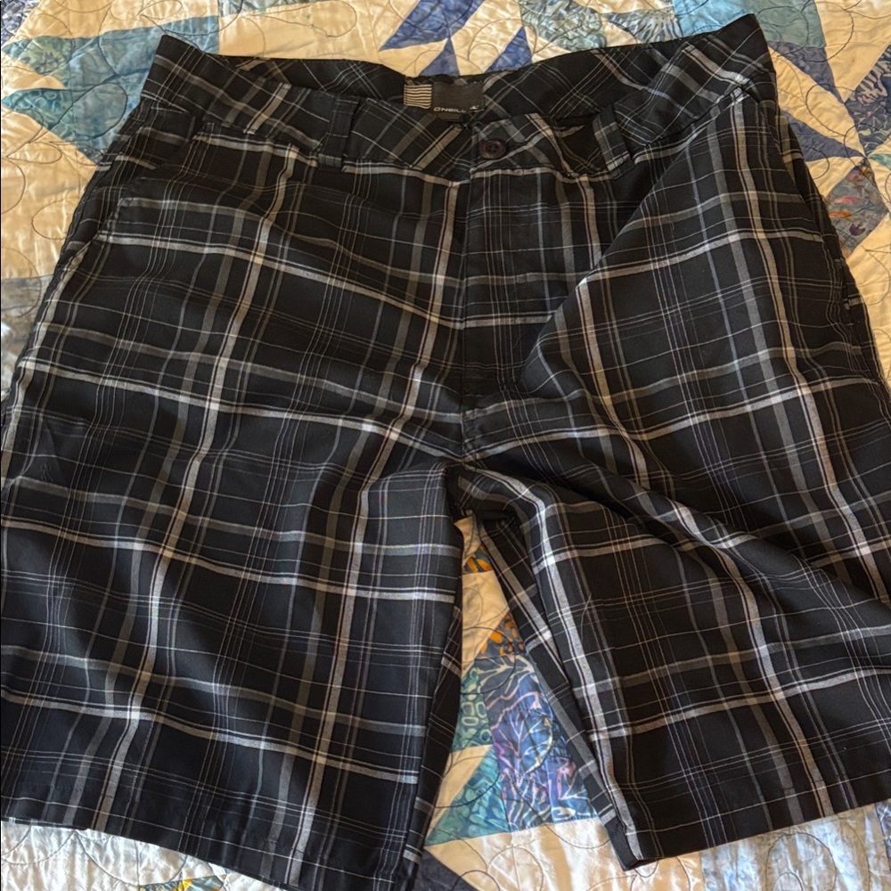O'Neill Black Plaid Flat Front Shorts with Gray & White Lines